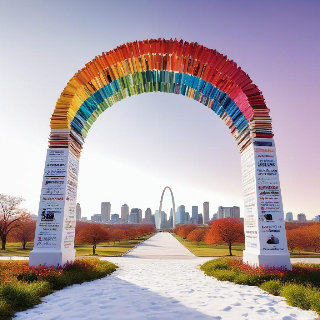 A vibrant gateway arch made of colorful books and digital devices, symbolizing the internet connection between bloggers. Above the arch, diverse people are engaging in discussions and creating content together, surrounded by floating icons of social media. The background features a bright, dreamy landscape blending real and digital elements. super-realistic. vibrant colors. white background.