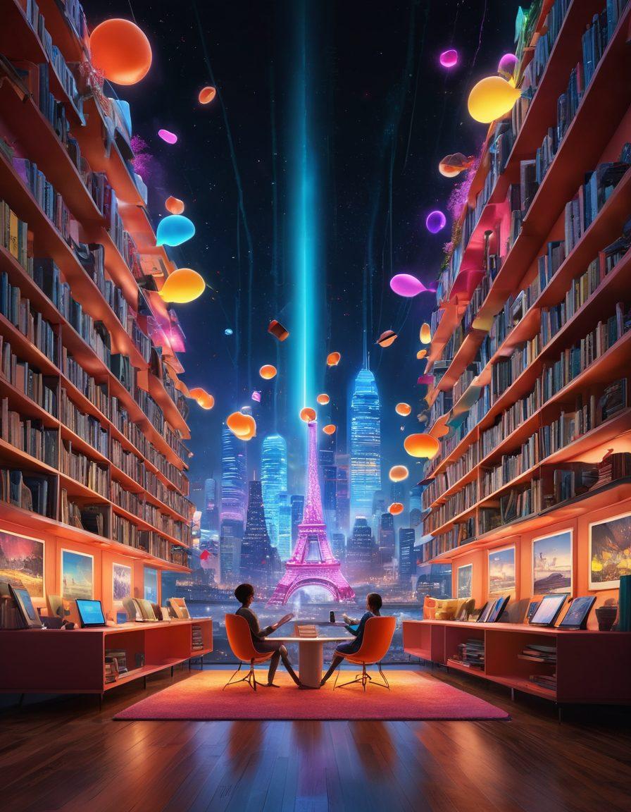 A vibrant digital landscape showcasing a bustling storytelling hub, with diverse characters exchanging ideas around glowing screens, books flying in the air, and colorful speech bubbles representing rich narratives. Towering bookshelves with digital elements blend into a futuristic skyline, symbolizing the fusion of storytelling and technology. An engaging palette of bright colors to attract attention and spark imagination. super-realistic. lively colors. 3D.