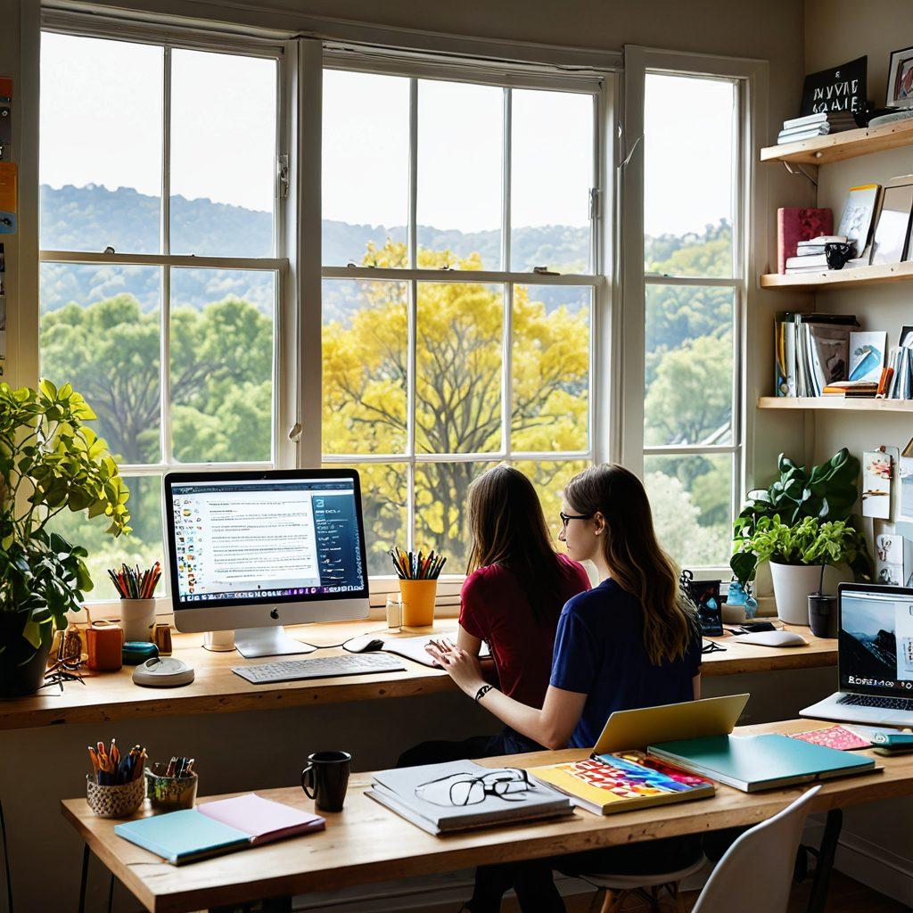 A vibrant workspace with a laptop displaying a personal blog interface, surrounded by colorful notebooks and art supplies. A person is typing, immersed in storytelling, with digital elements like social media icons and words floating around. In the background, a window shows a sunny landscape, symbolizing growth and creativity. The scene should evoke energy and inspiration. super-realistic. vibrant colors. soft focus.